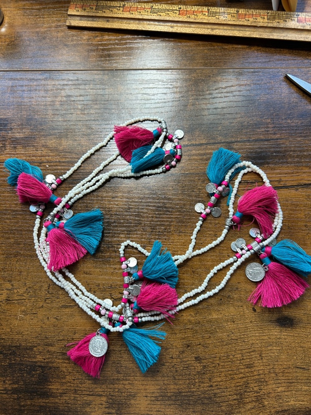 Roberta Roller Rabbit Boho Beaded Tassel Necklace - Teal & Fuchsia